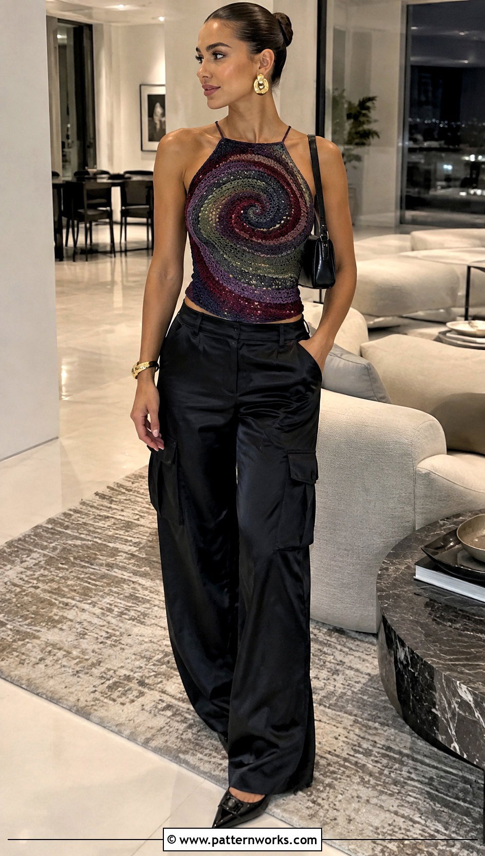 Crochet Spiral Top With Satin Cargo Pants - 30 crochet spiral top outfit ideas