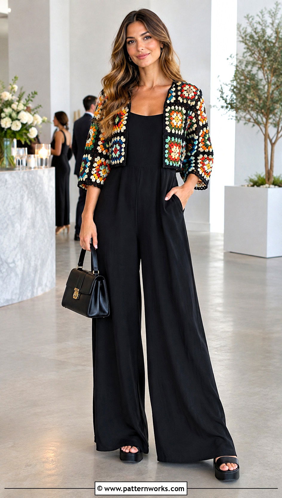 Crochet Square Jacket With Black Jumpsuit - 30 crochet square jacket outfit ideas