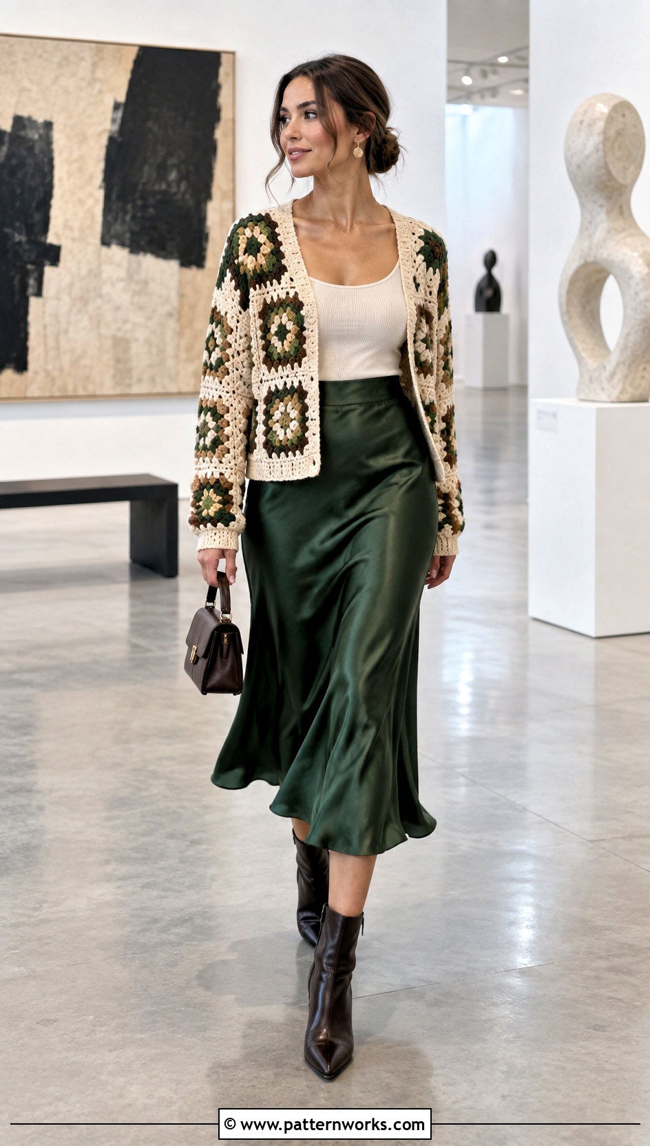 Crochet Square Jumper Outfit With Satin Midi Skirt - 24 crochet square jumper outfit ideas