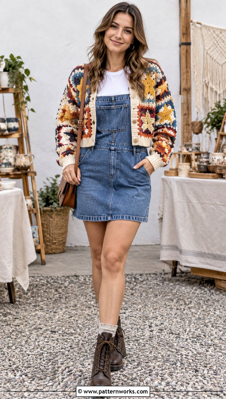 Crochet Star Granny Square Cardigan With Overall Dress - 24 Crochet Star Granny Square Cardigan outfit ideas