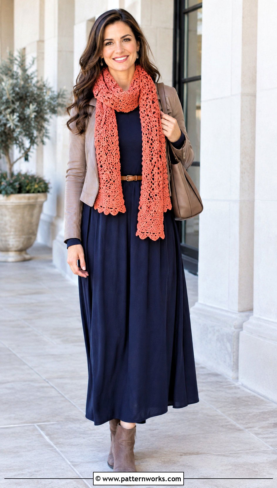 Crochet Star Stitch Scarf With Long Sleeve Maxi Dress - 24 Crochet Star Stitch Scarf outfit ideas