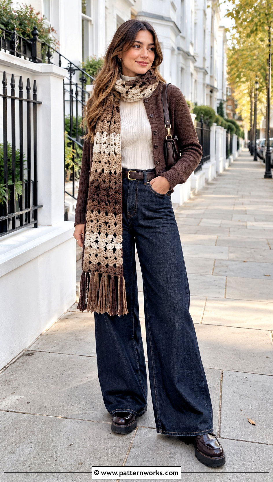 Crochet Star Stitch Scarf With Wide Leg Jeans - 24 Crochet Star Stitch Scarf outfit ideas