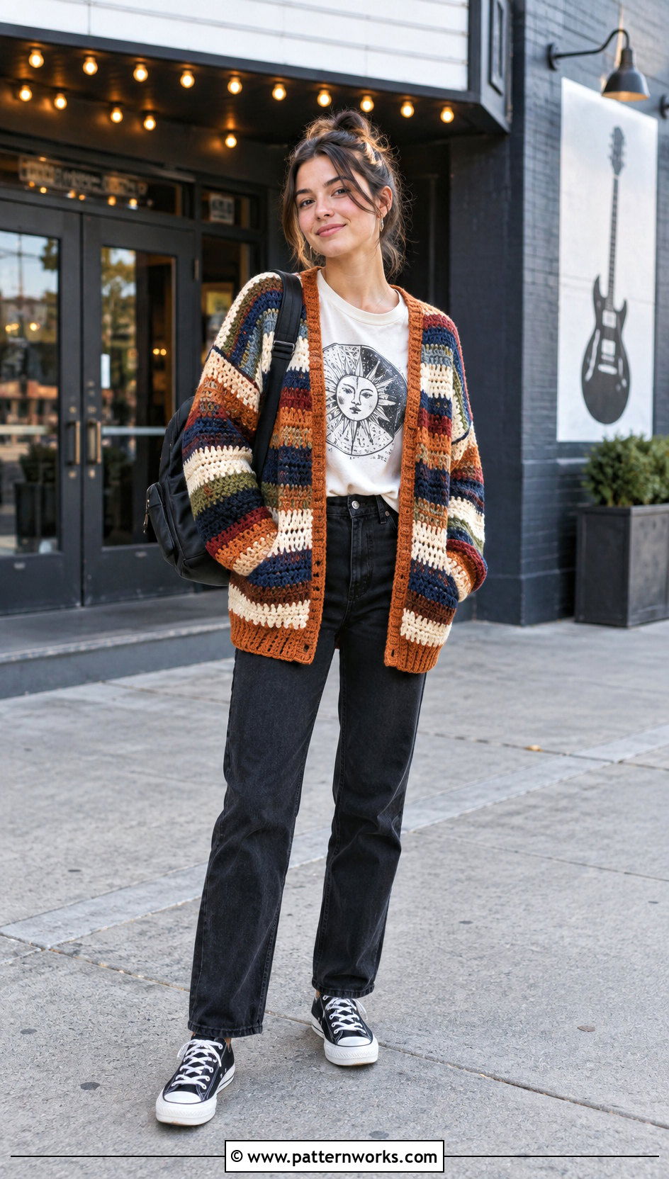Crochet Striped Cardigan With Graphic T Shirt And Jeans - 30 crochet striped cardigan outfit ideas