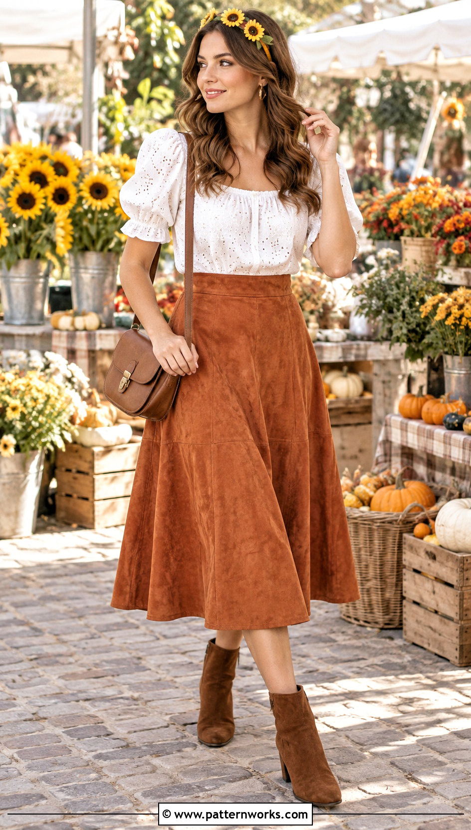 Crochet Sunflower Headband With White Eyelet Blouse And Suede Skirt - 24 Crochet Sunflower Headband outfit ideas