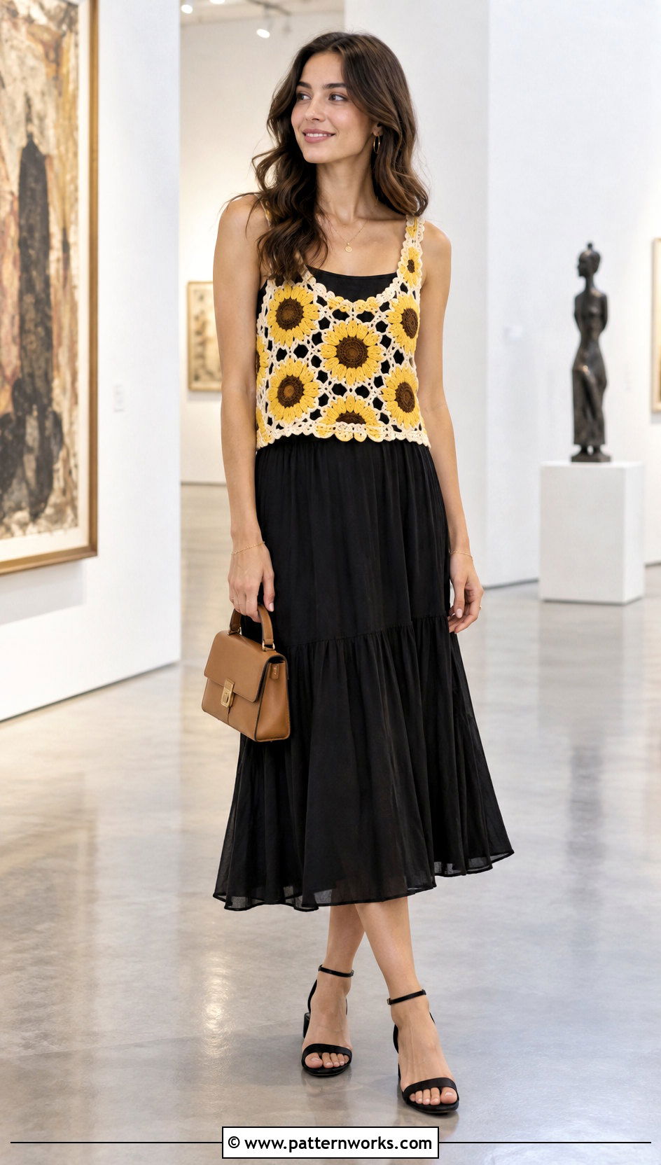 Crochet Sunflower Tank Top With Black Midi Skirt - 18 crochet sunflower tank top outfit ideas