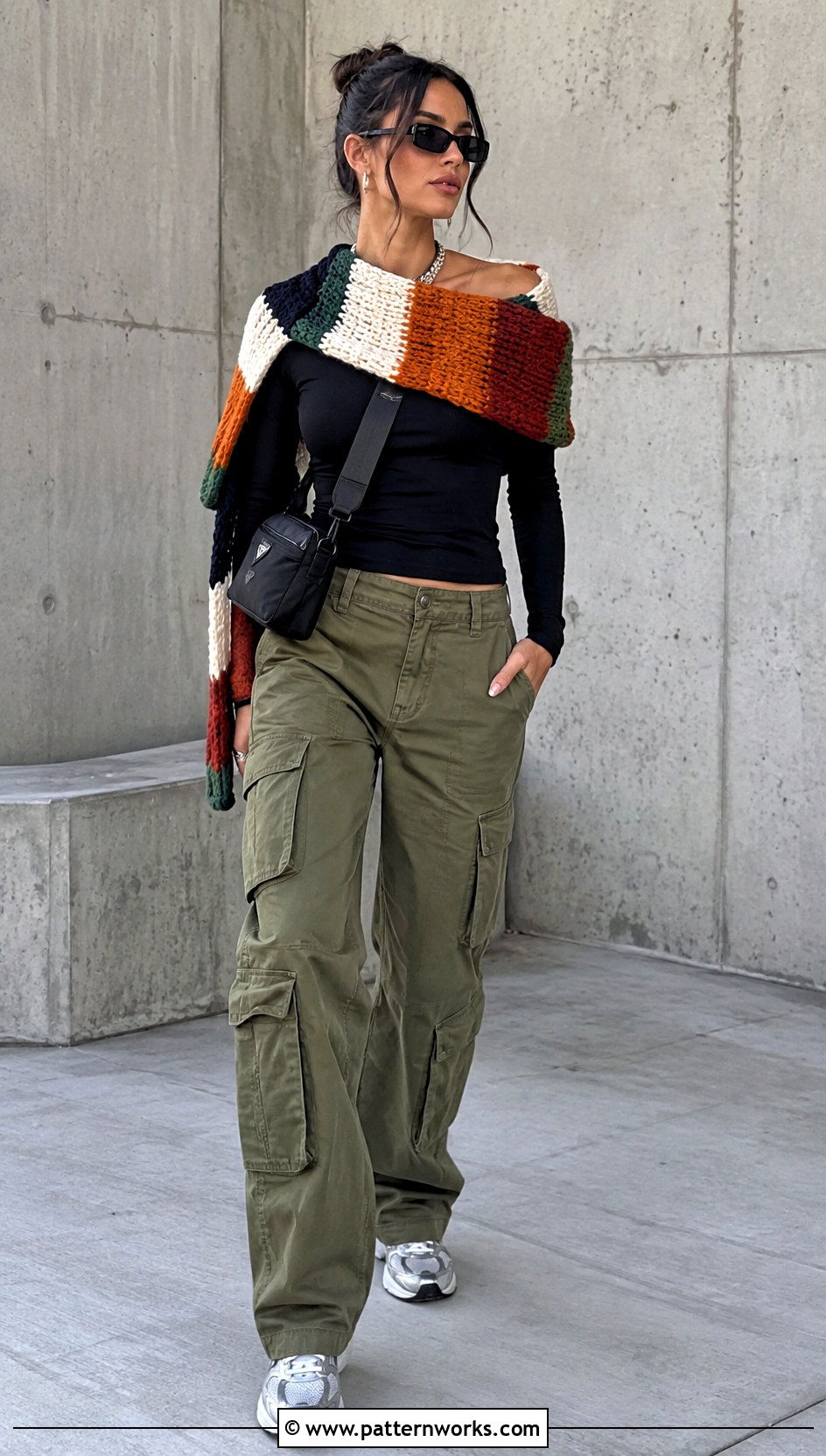 Crochet Sweater Scarf With Cargo Pants - 18 Wrap Me Up Crochet Sweater Scarf outfit ideas