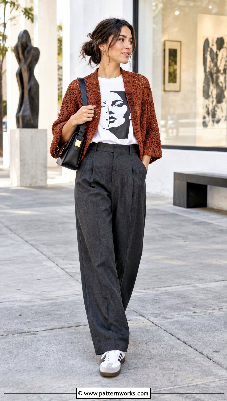 Crochet Sweater Shrug With Graphic Tee And Trousers - 30 crochet sweater shrug outfit ideas