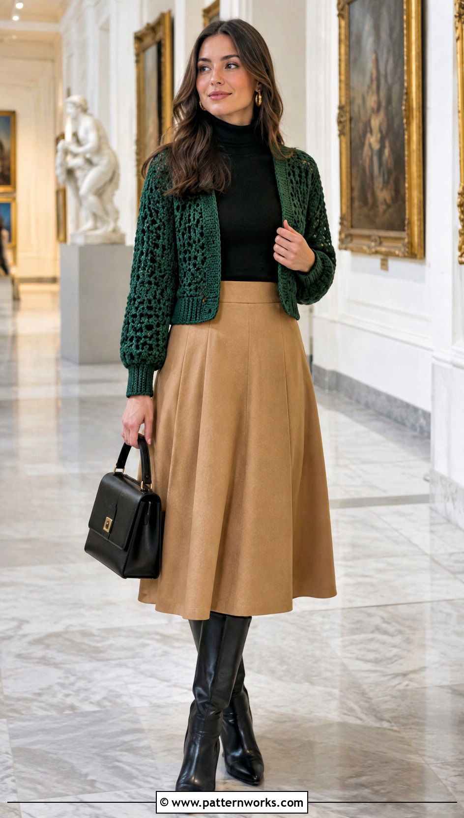 Crochet Sweater Shrug With Turtleneck And Midi Skirt - 30 crochet sweater shrug outfit ideas