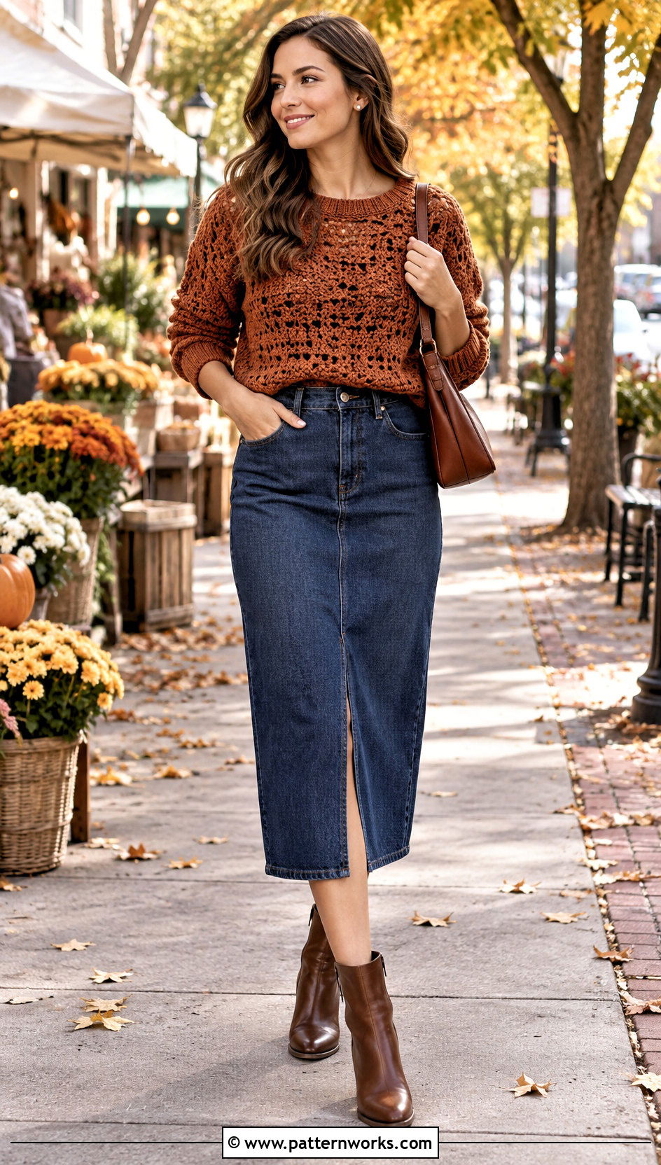 Crochet Sweater With A Denim Midi Skirt - 30 cute crochet clothing and outfit ideas