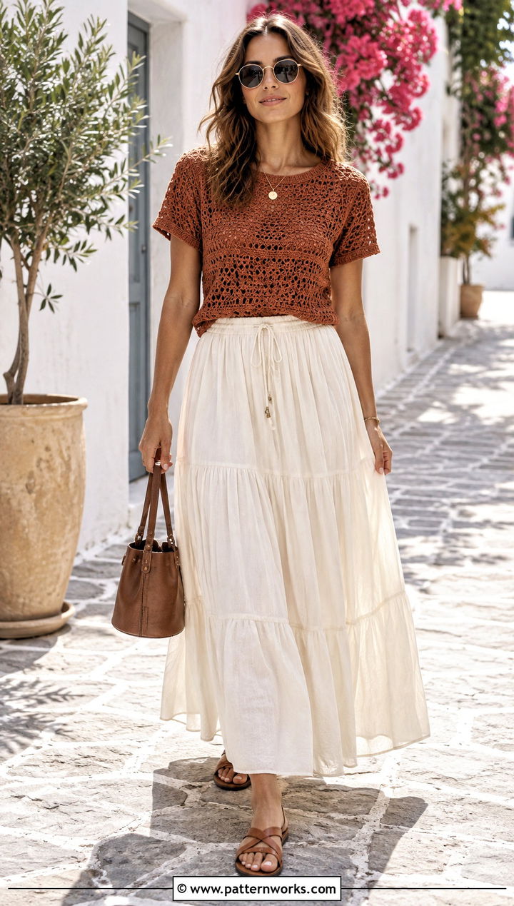 Crochet T Shirt With A Flowy Maxi Skirt - 30 crochet shirt for women outfit ideas