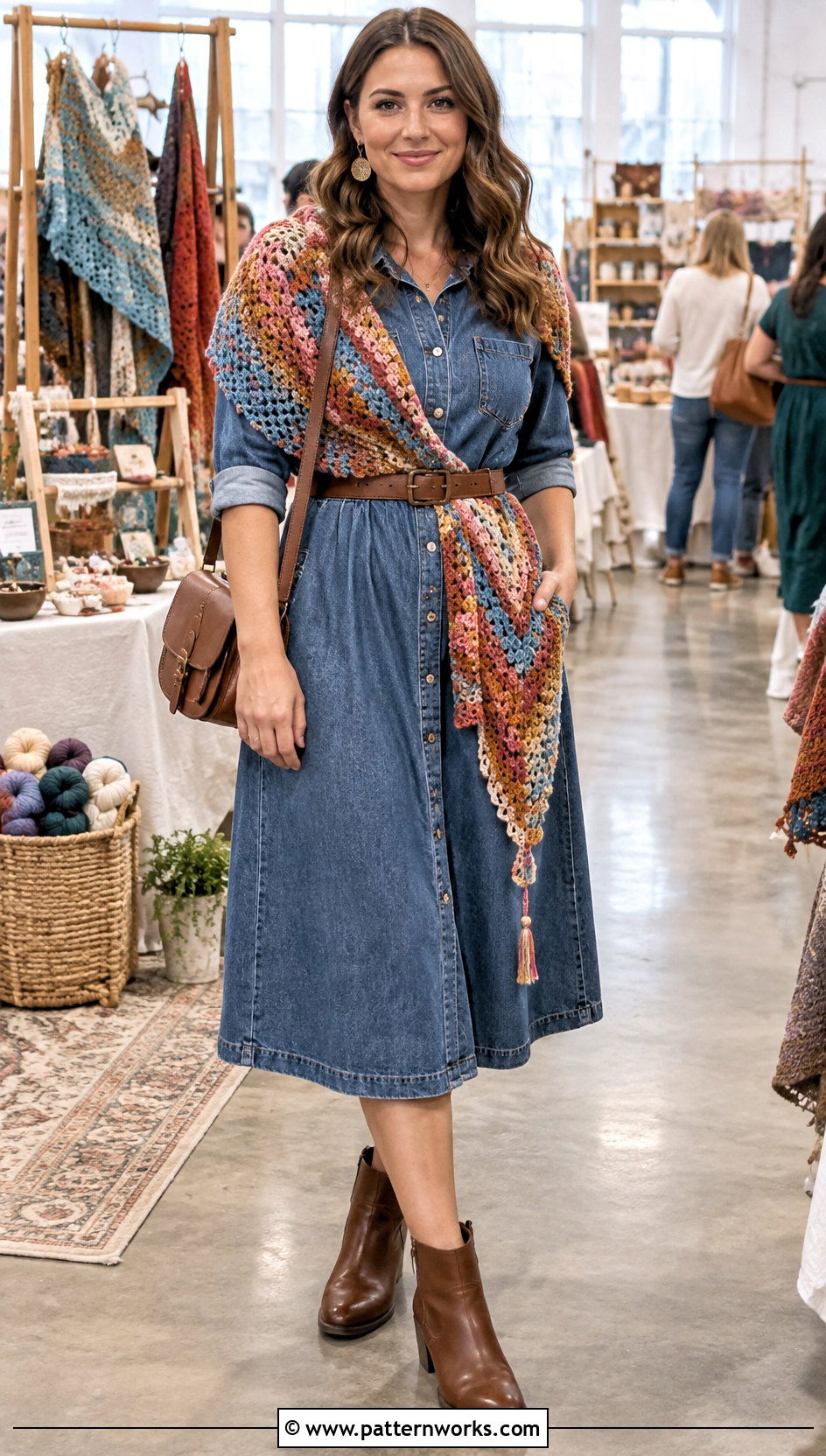 Crochet Triangle Shawl With Denim Dress And Ankle Boots - 30 crochet triangle shawl outfit ideas