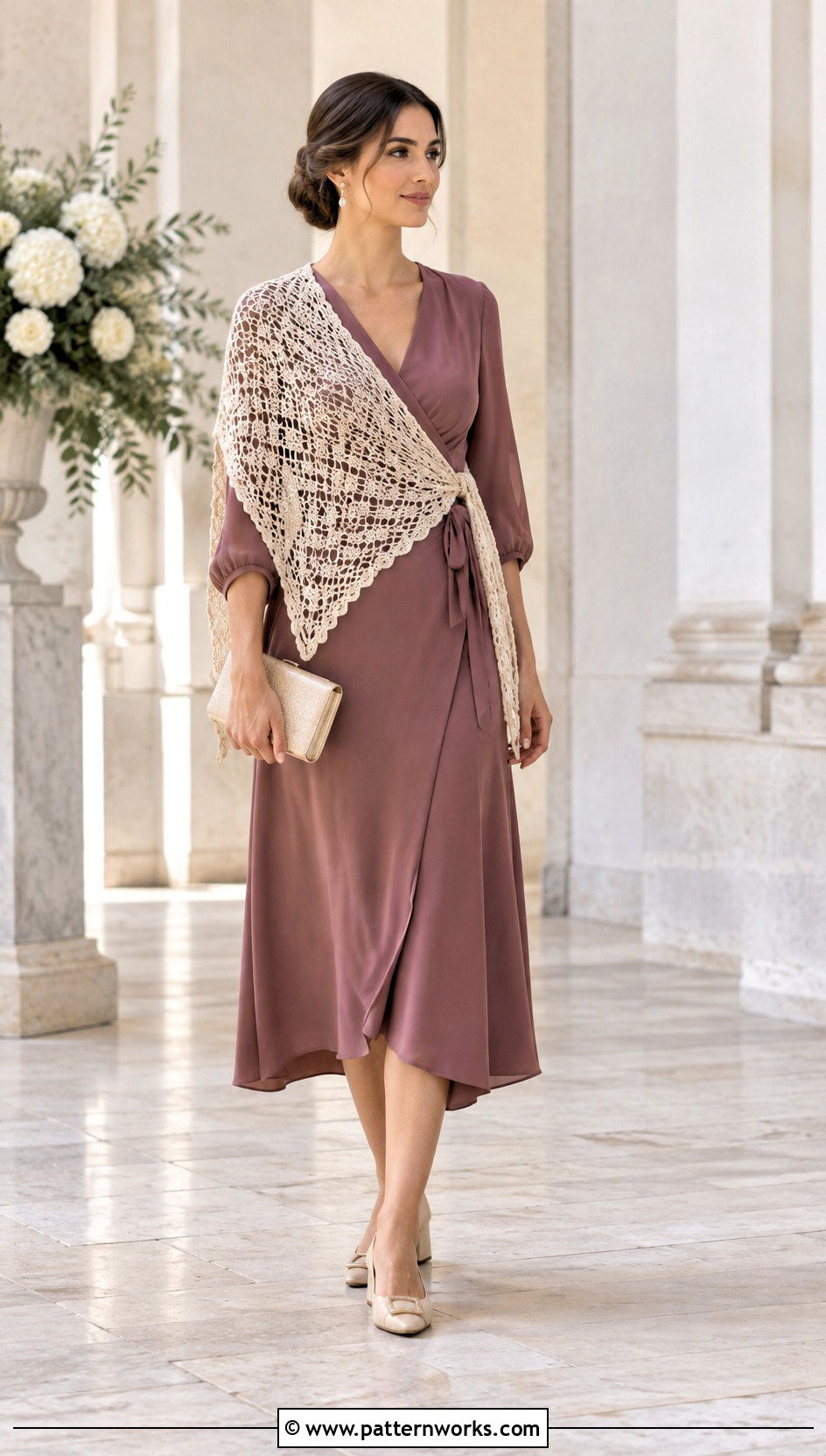 Crochet Triangle Shawl With Wrap Dress And Heels - 30 crochet triangle shawl outfit ideas