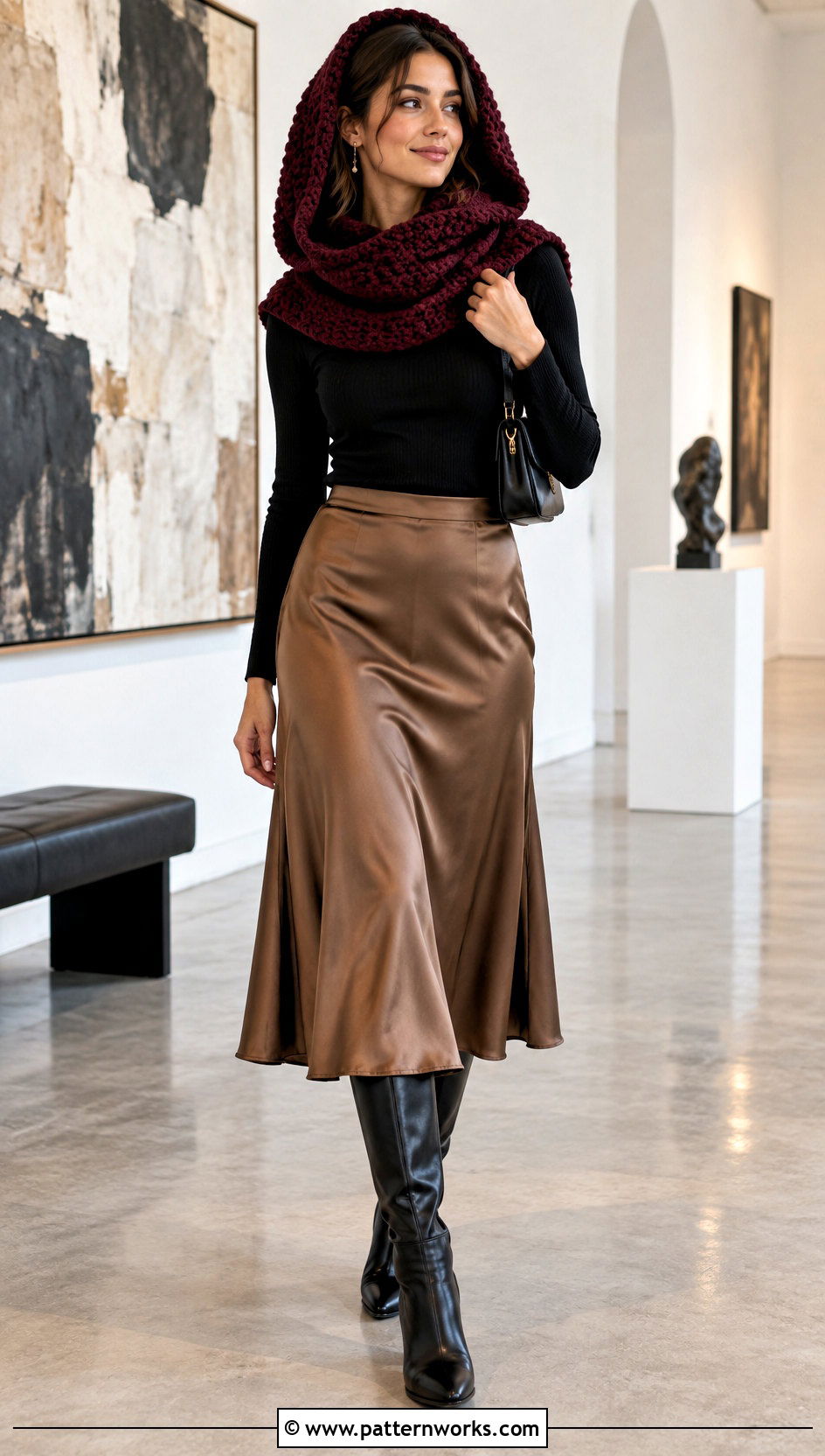 Crochet Turtleneck Hoodie With Satin Midi Skirt - 30 crochet turtleneck hoodie outfit ideas