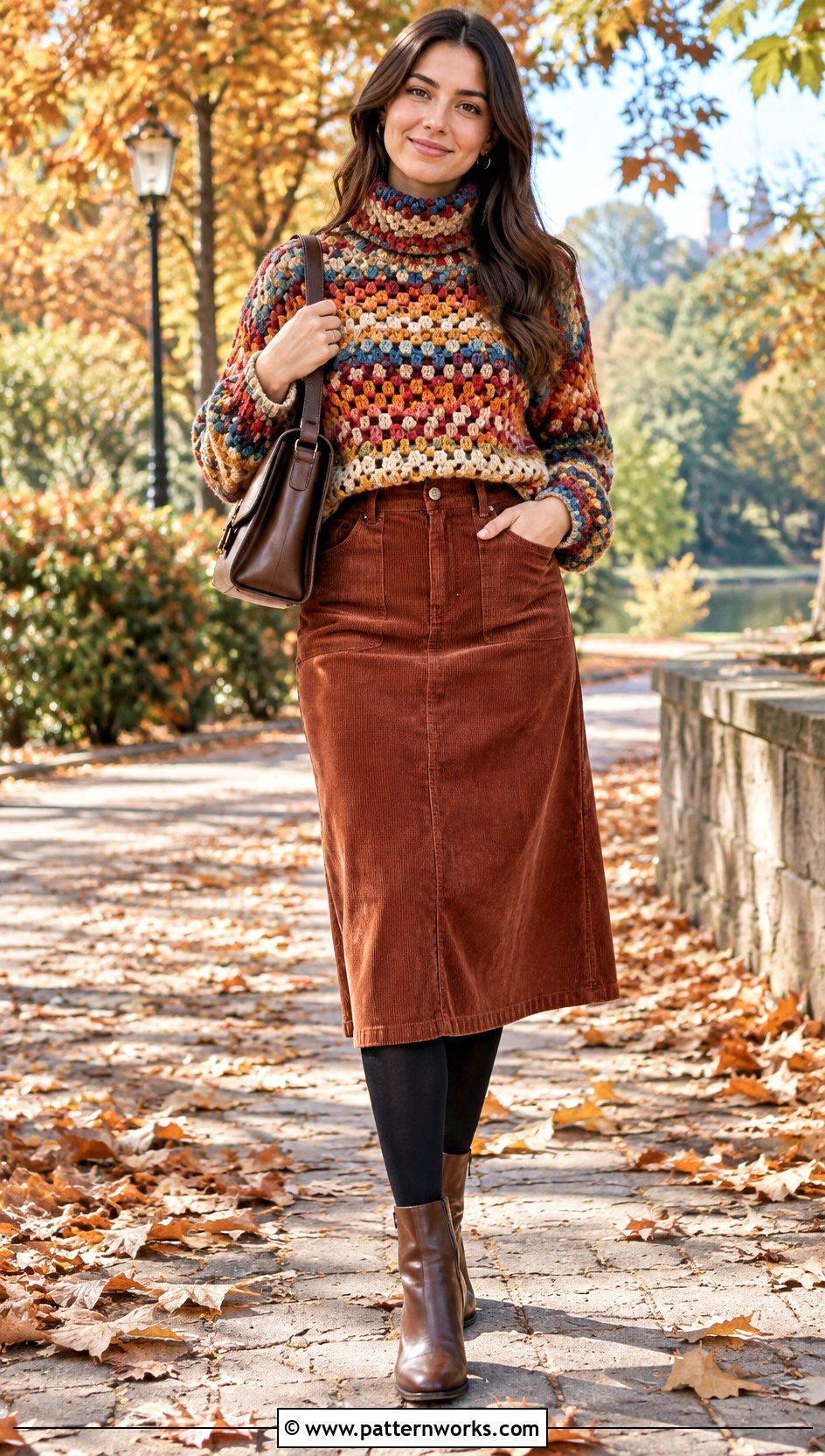 Crochet Turtleneck Sweater With Corduroy Skirt - 30 colorful crochet sweater outfit ideas