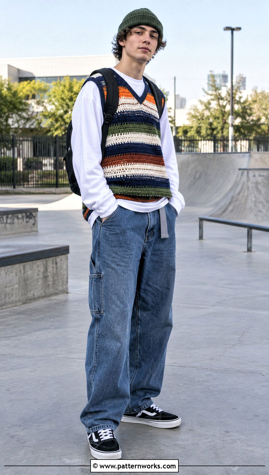 Crochet Vest With Long Sleeve T Shirt And Carpenter Jeans - 30 crochet vest for men outfit ideas
