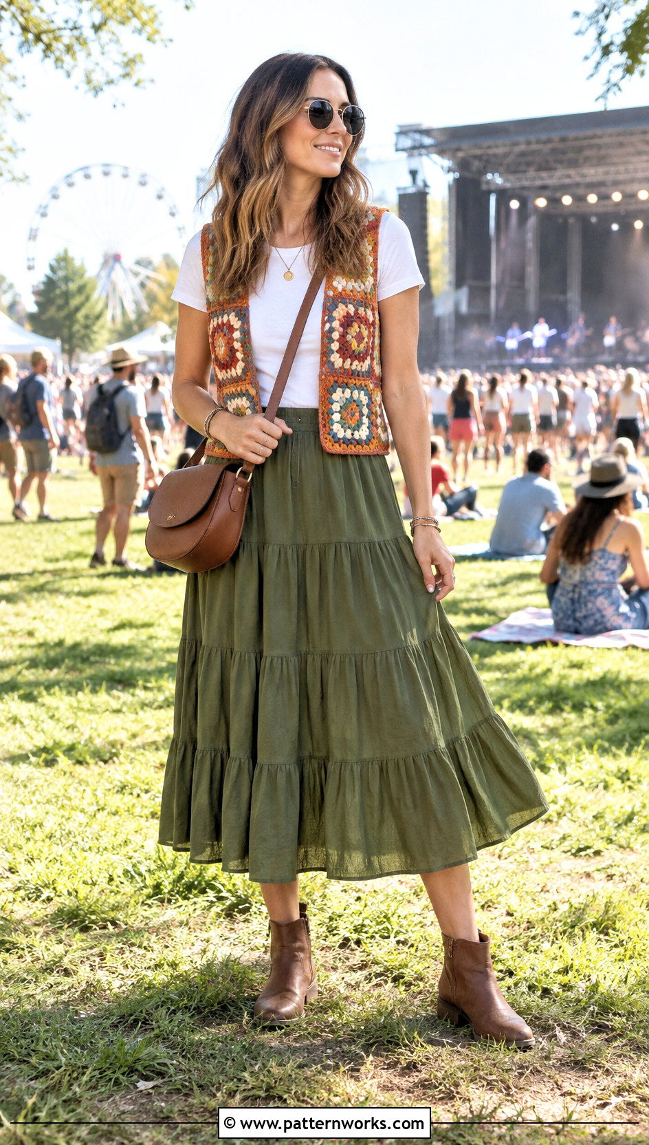 Crochet Vest With Tiered Skirt And Ankle Boots - 30 easy crochet vest outfit ideas
