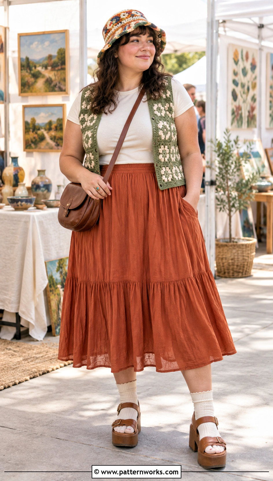 Crochet Vintage Swirl Hat Outfit With Crochet Vest And Midi Skirt - 18 crochet vintage swirl hat outfit ideas
