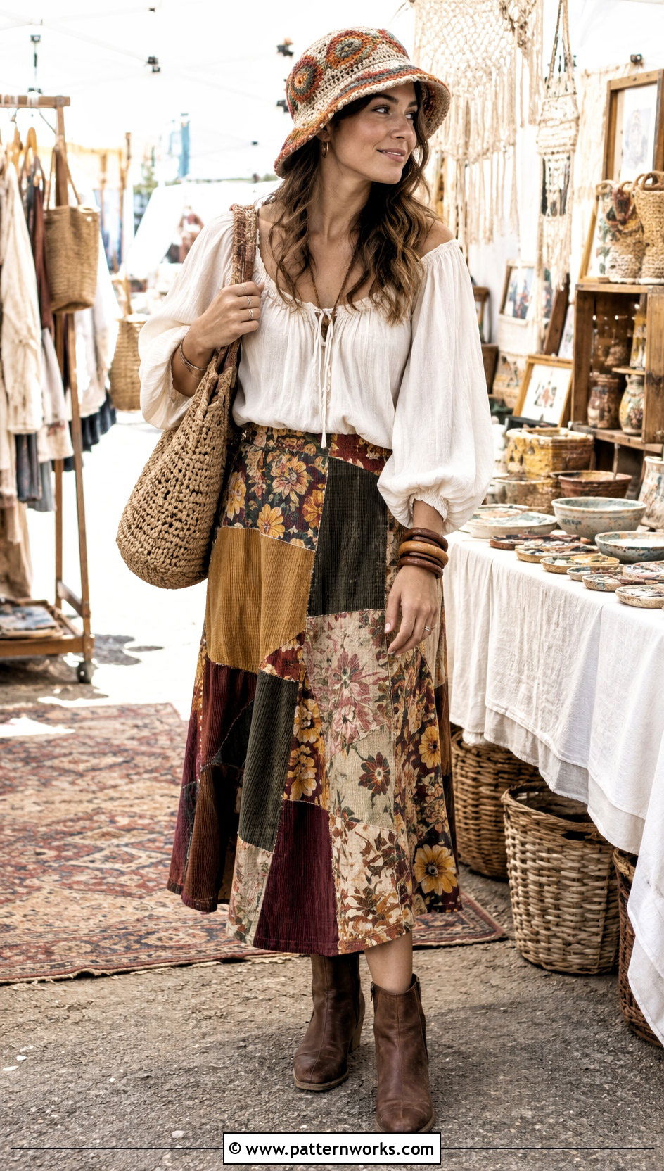 Crochet Vintage Swirl Hat Outfit With Peasant Blouse And Patchwork Skirt - 18 crochet vintage swirl hat outfit ideas