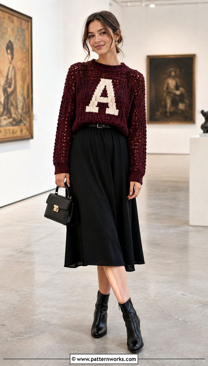 Crochet Weasley Sweater With Black Midi Dress - 30 crochet weasley sweater outfit ideas