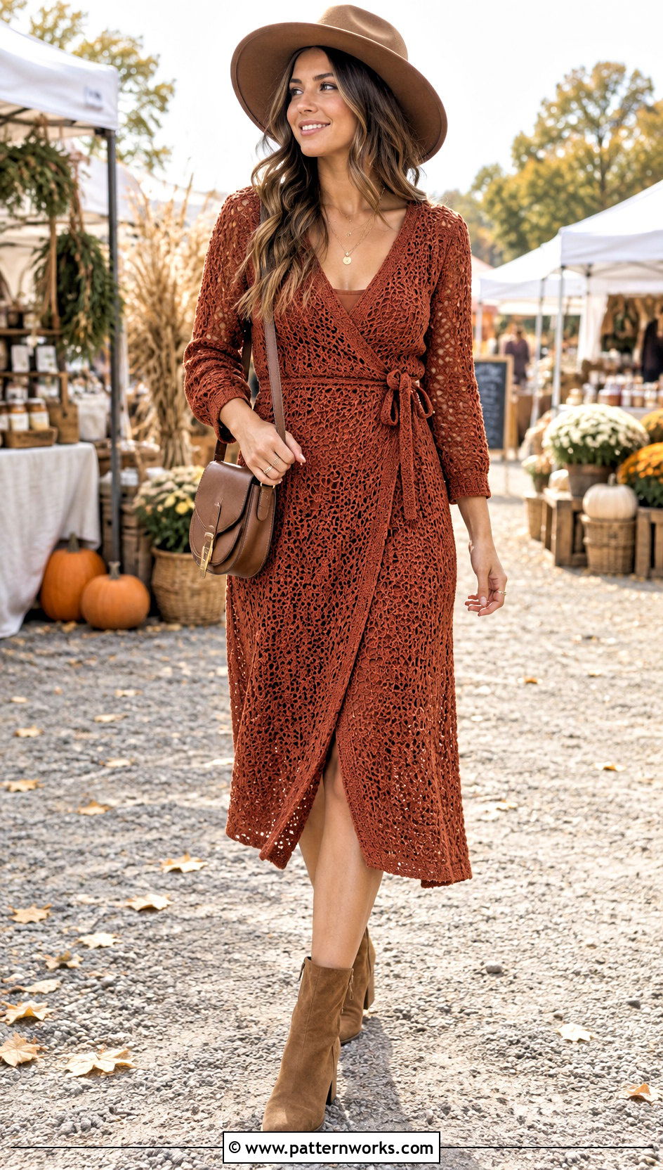 Crochet Wrap Dress With Wide Brim Hat And Boots - 30 crochet wrap dress outfit ideas