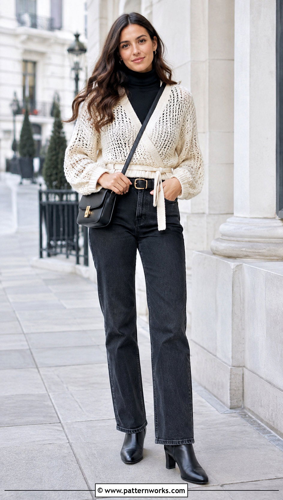 Crochet Wrap Sweater With A Turtleneck And Jeans - 30 crochet wrap sweater outfit ideas