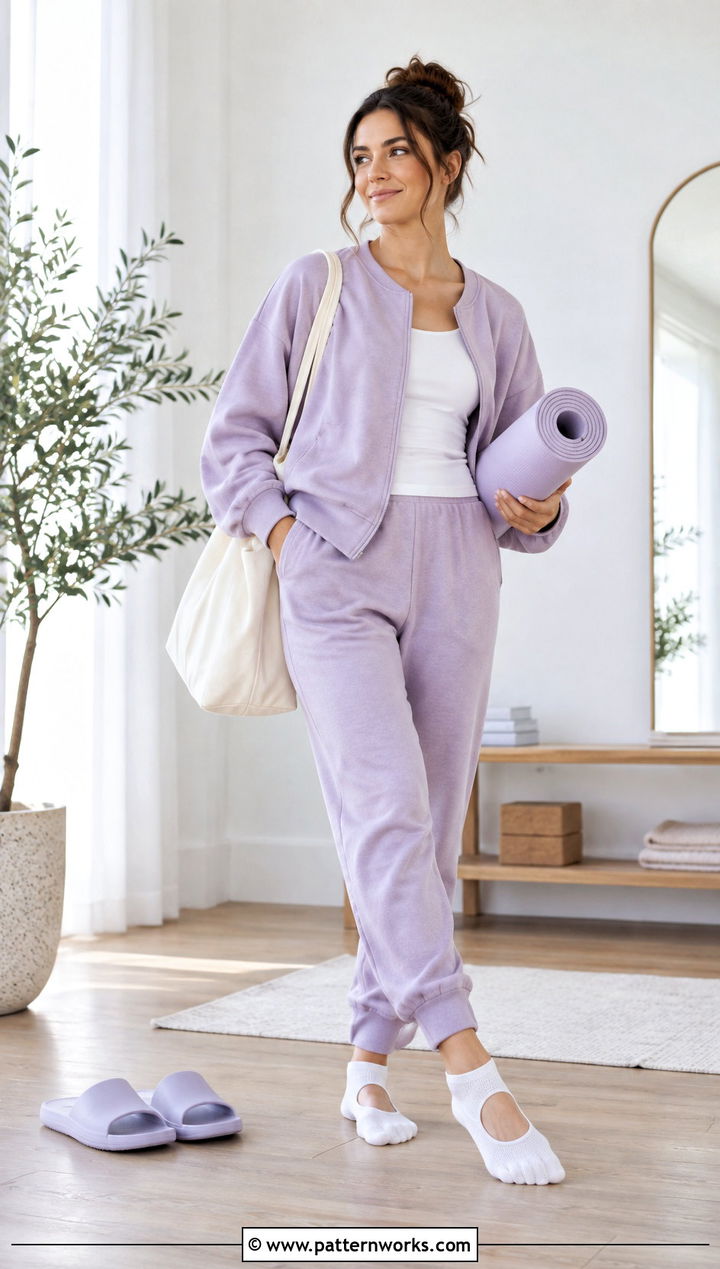 Crochet Yoga Socks With A Lavender Lounge Set - 30 crochet yoga socks outfit ideas