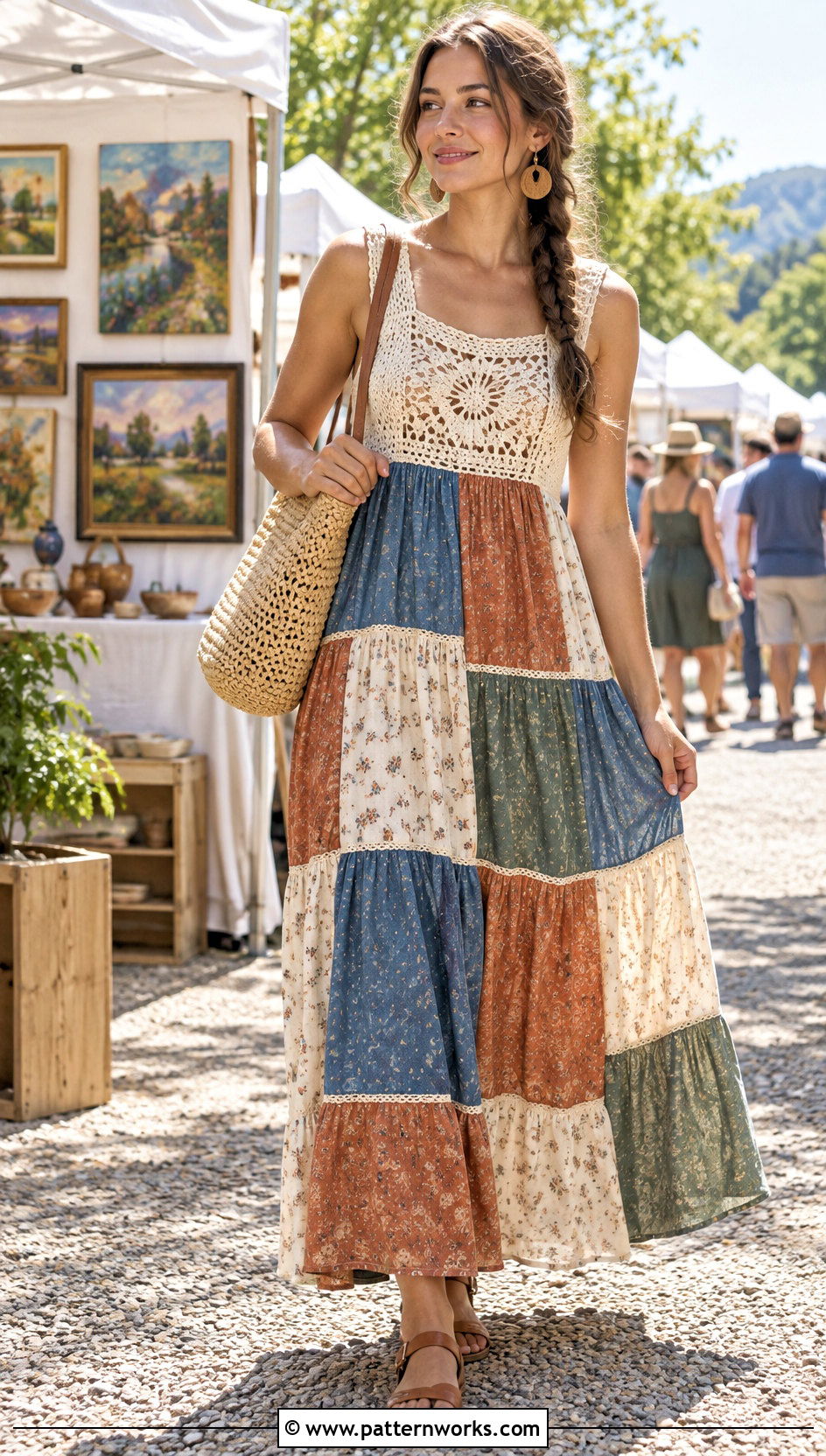 Crochet Yoke Patchwork Maxi Dress With Leather Sandals - 24 crochet and fabric dress outfit ideas