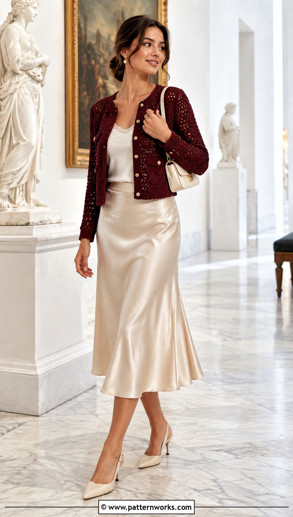 Crocheted Jacket With Satin Midi Skirt - 30 crocheted jacket outfit ideas