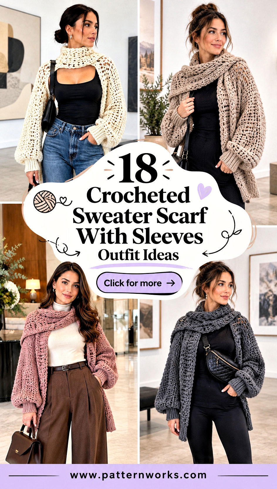 18 Crocheted Sweater Scarf With Sleeves Outfit Ideas - 18 Crocheted Sweater Scarf With Sleeves Outfit Ideas