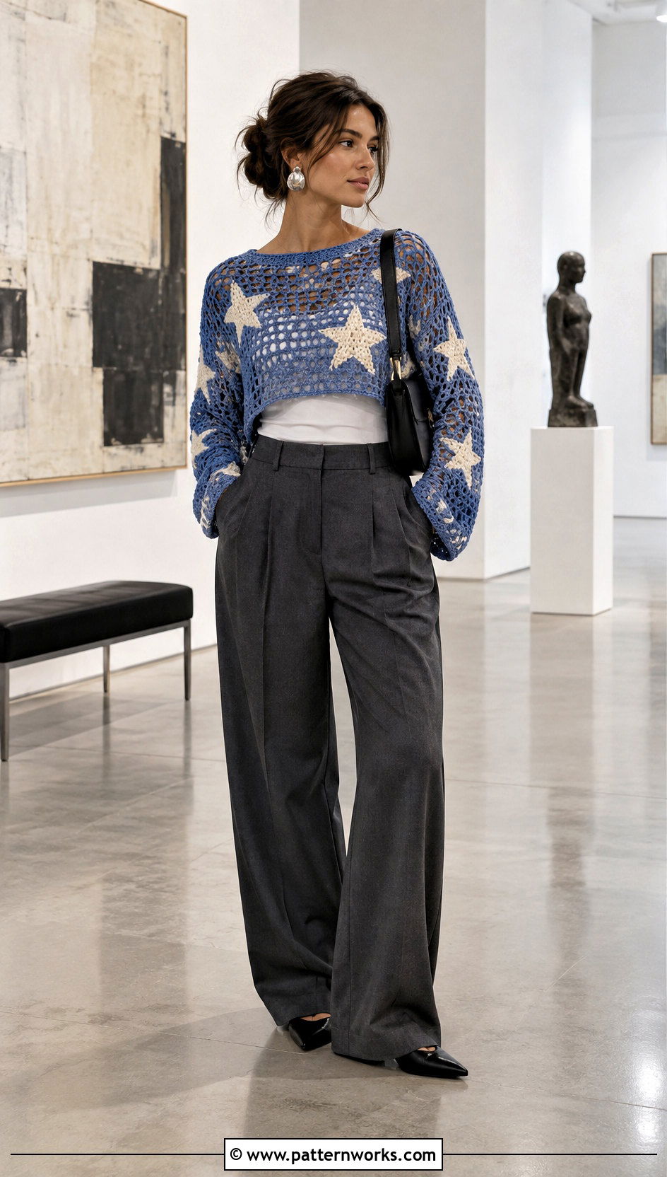 Cropped Coraline Crochet Sweater Outfit With Wide Leg Trousers - 24 coraline crochet sweater outfit ideas
