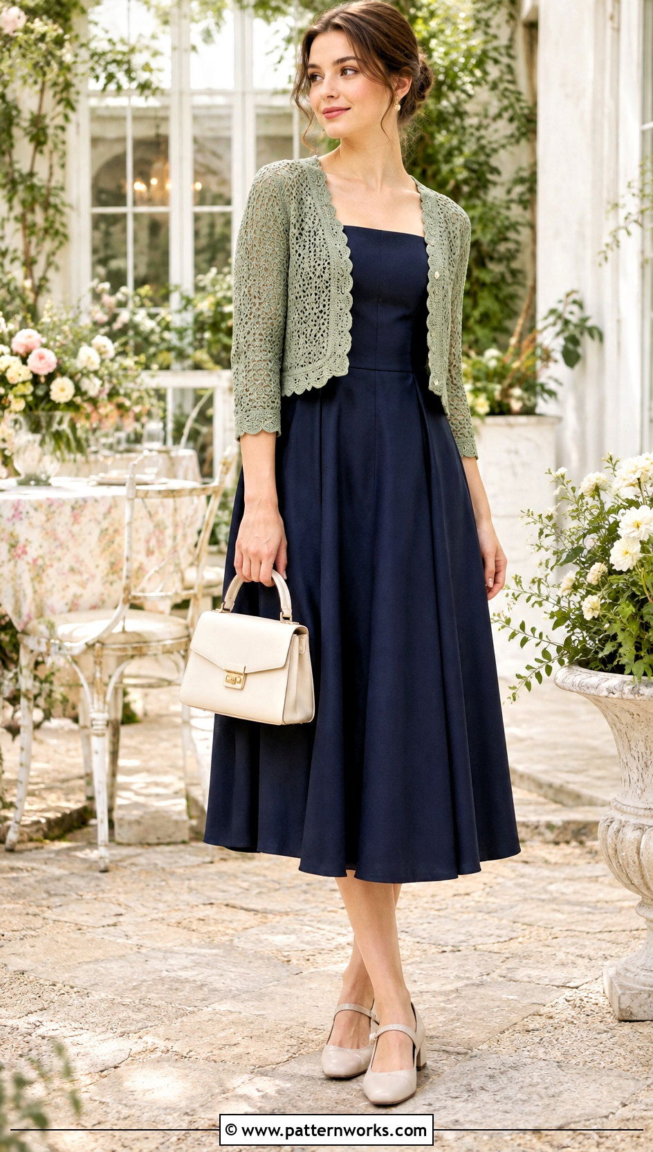 Cropped Crochet Cardigan With A Line Dress - 30 crocheted sweaters outfit ideas