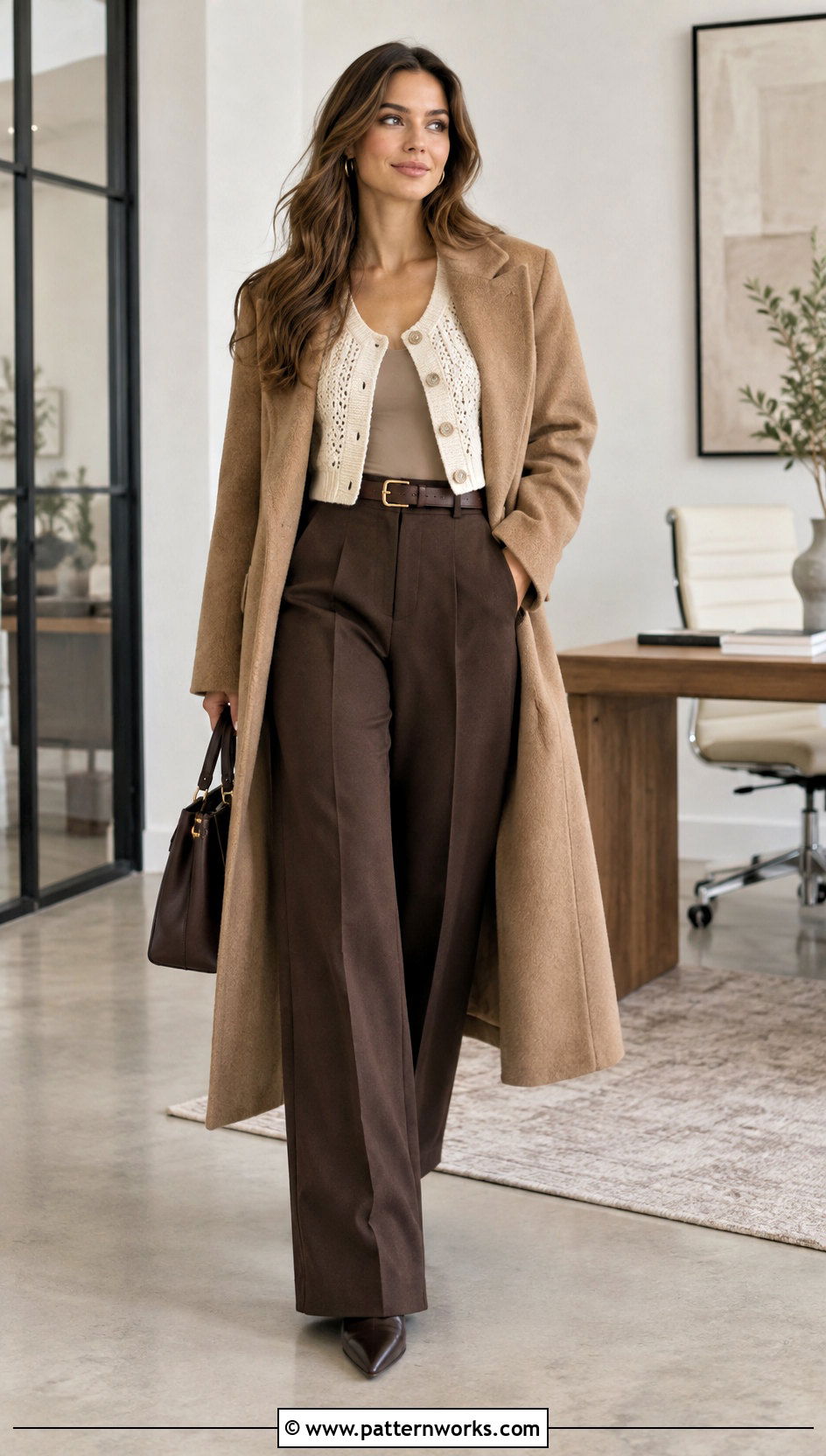 Cropped Crochet Cardigan With High Waisted Trousers - 30 Crochet Winter Outfits ideas