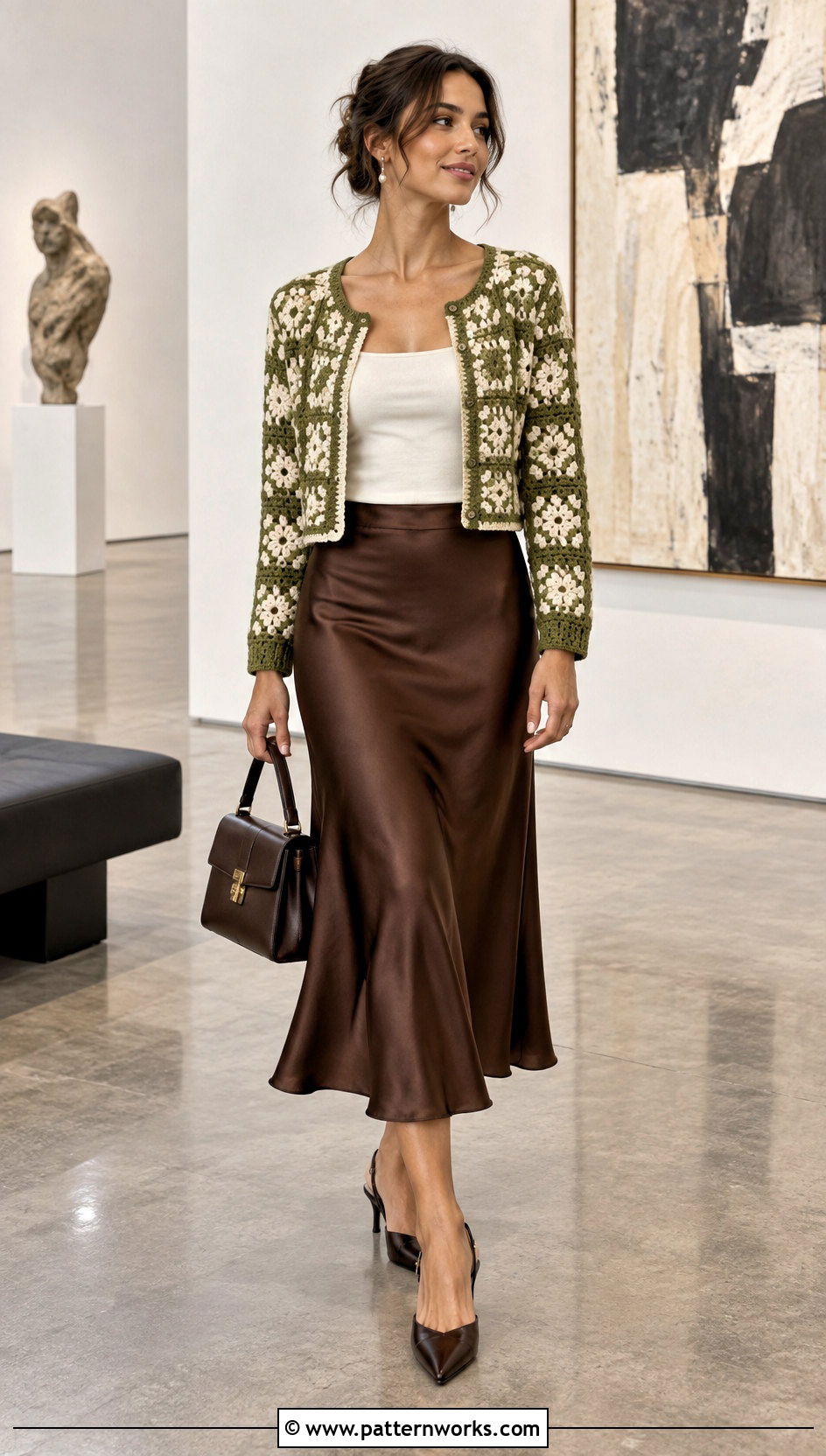 Cropped Crochet Cardigan With Satin Midi Skirt - 24 green and white crochet cardigan outfit ideas