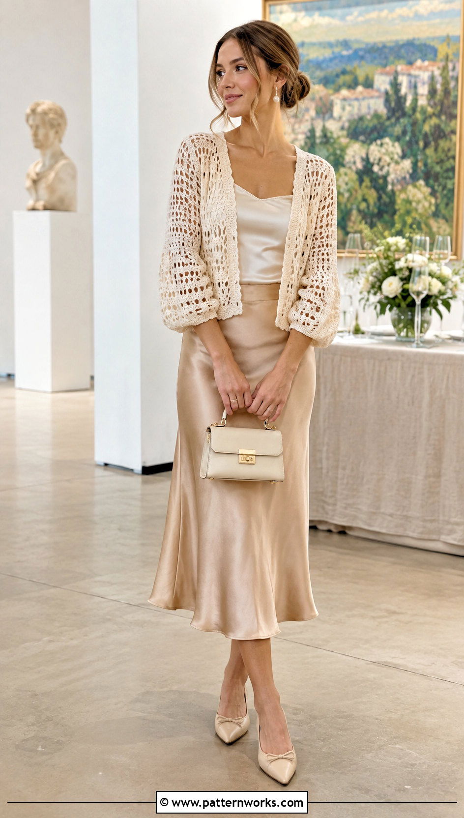 Cropped Crochet Cardigan With Satin Midi Skirt - 18 classic crochet cardigan outfit ideas