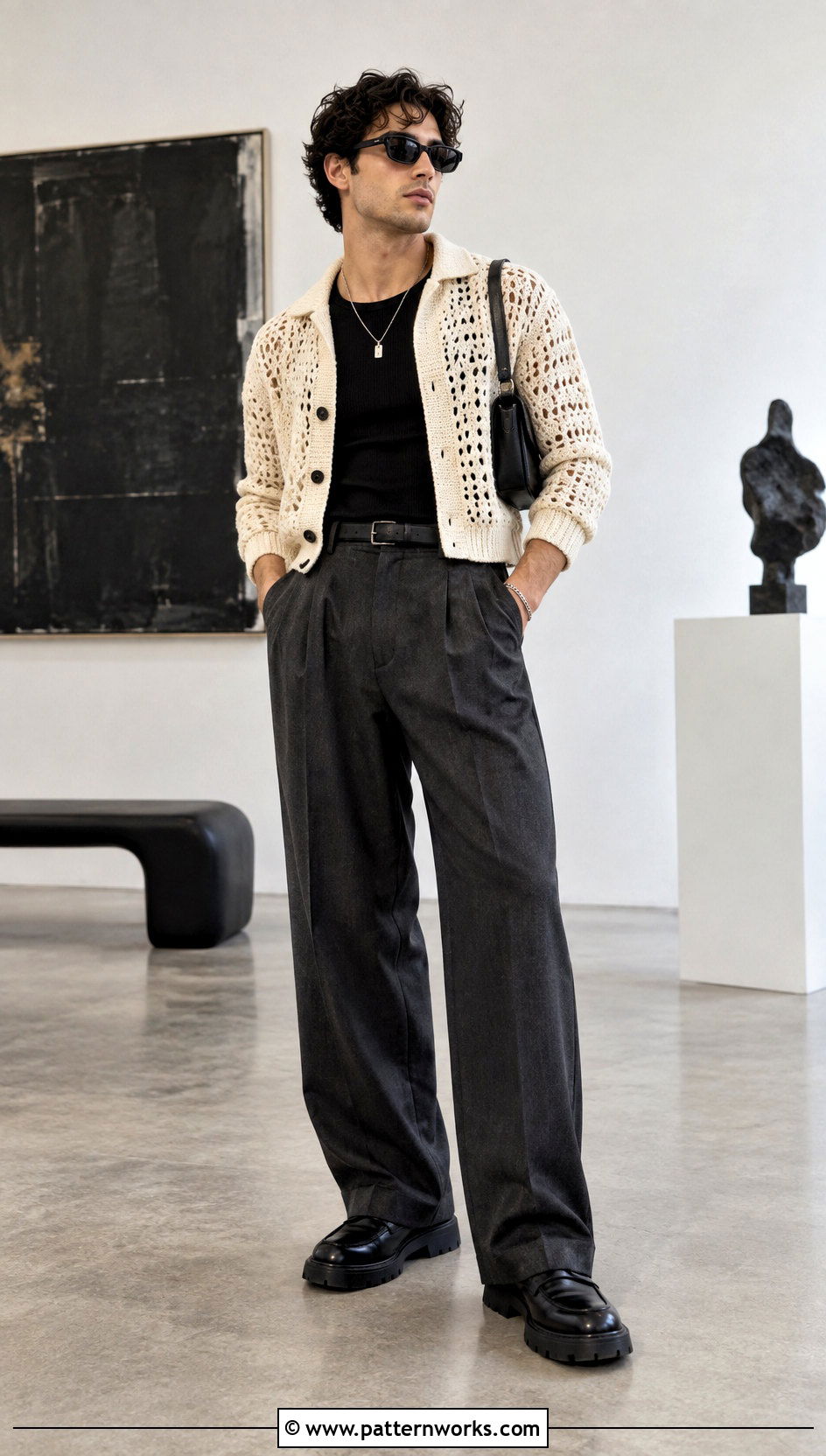 Cropped Crochet Cardigan With Wide Leg Pants - 24 mens crochet cardigan sweater outfit ideas