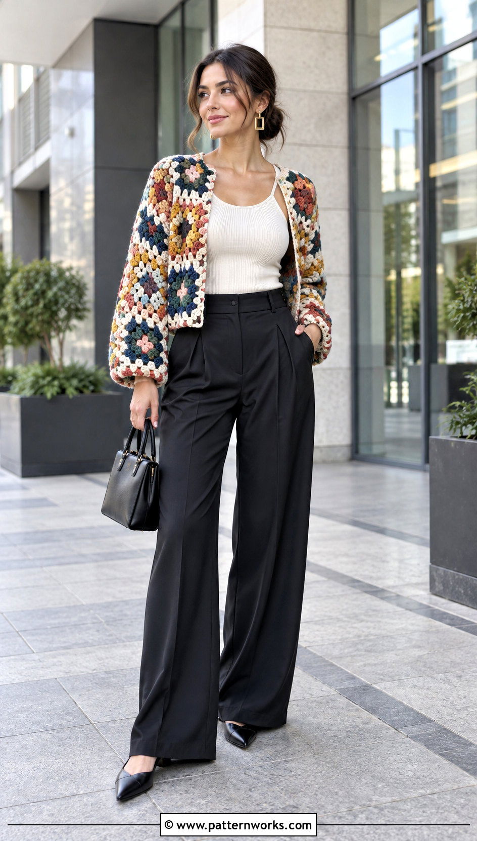 Cropped Crochet Coat With Tailored Trousers - 24 women crochet coat outfit ideas