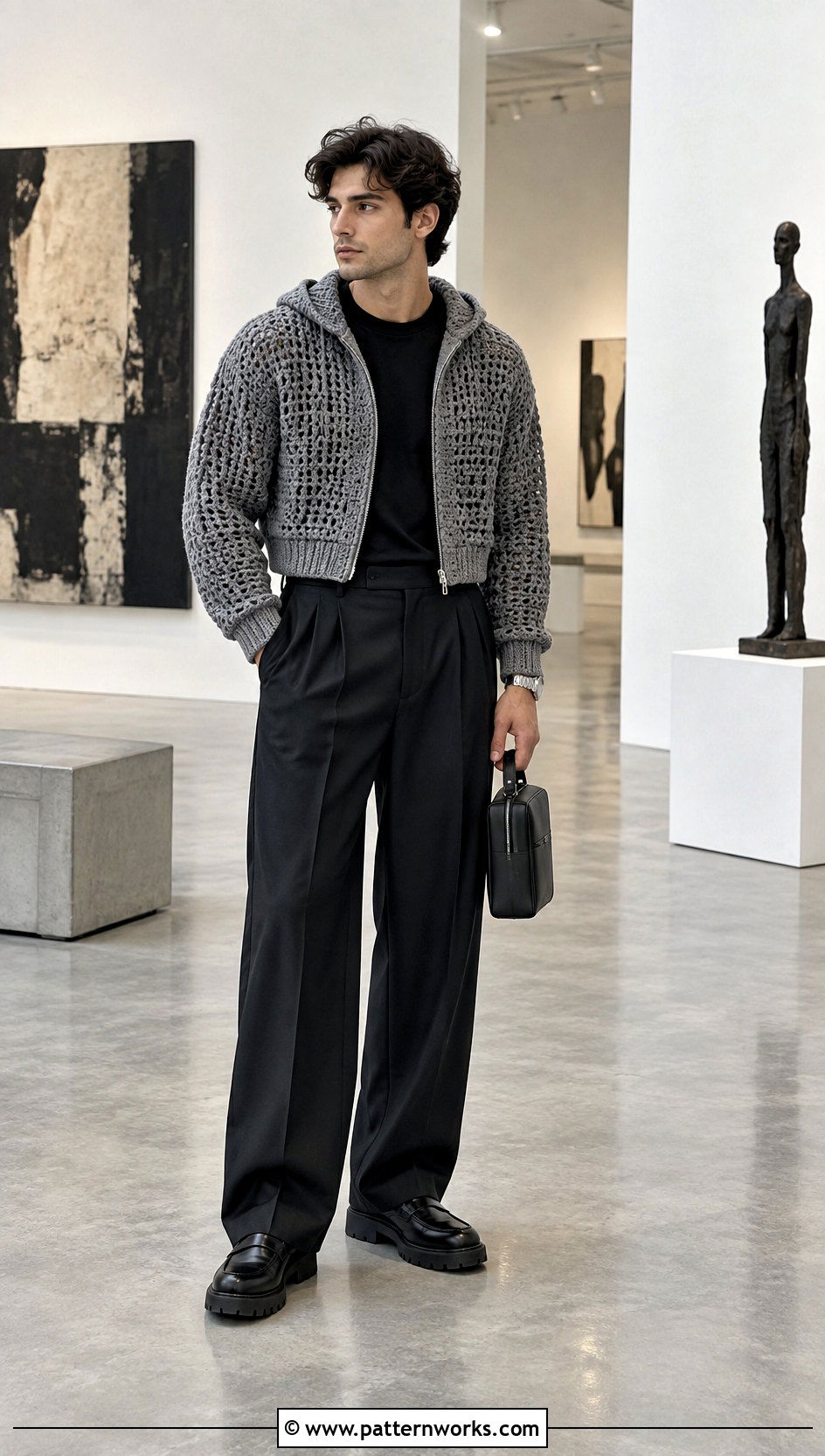 Cropped Crochet Hoodie With Pleated Trousers - 24 crochet mens hoodie outfit ideas