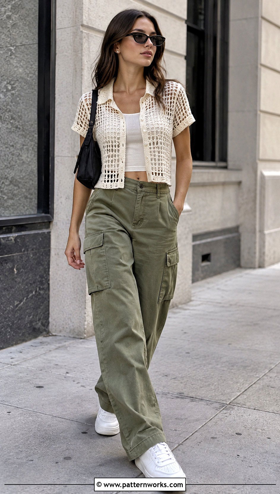 Cropped Crochet Shirt With Cargo Pants - 30 crochet shirt for women outfit ideas