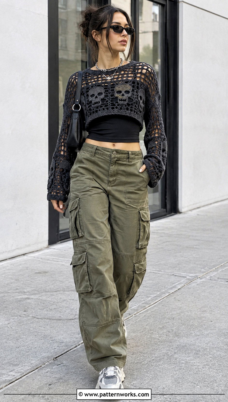 Cropped Crochet Skull Sweater With Cargo Pants - 30 crochet skull sweater outfit ideas