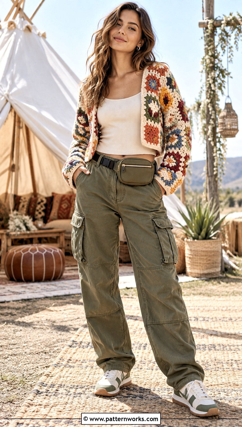 Cropped Crochet Square Jacket With Cargo Pants - 30 crochet square jacket outfit ideas