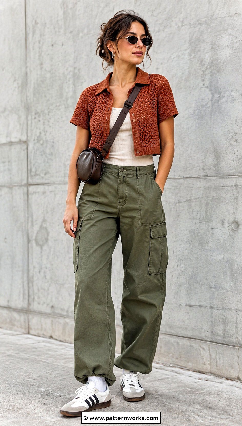 Cropped Tunisian Crochet Shirt With Cargo Pants - 18 Tunisian Crochet Shirt outfit ideas