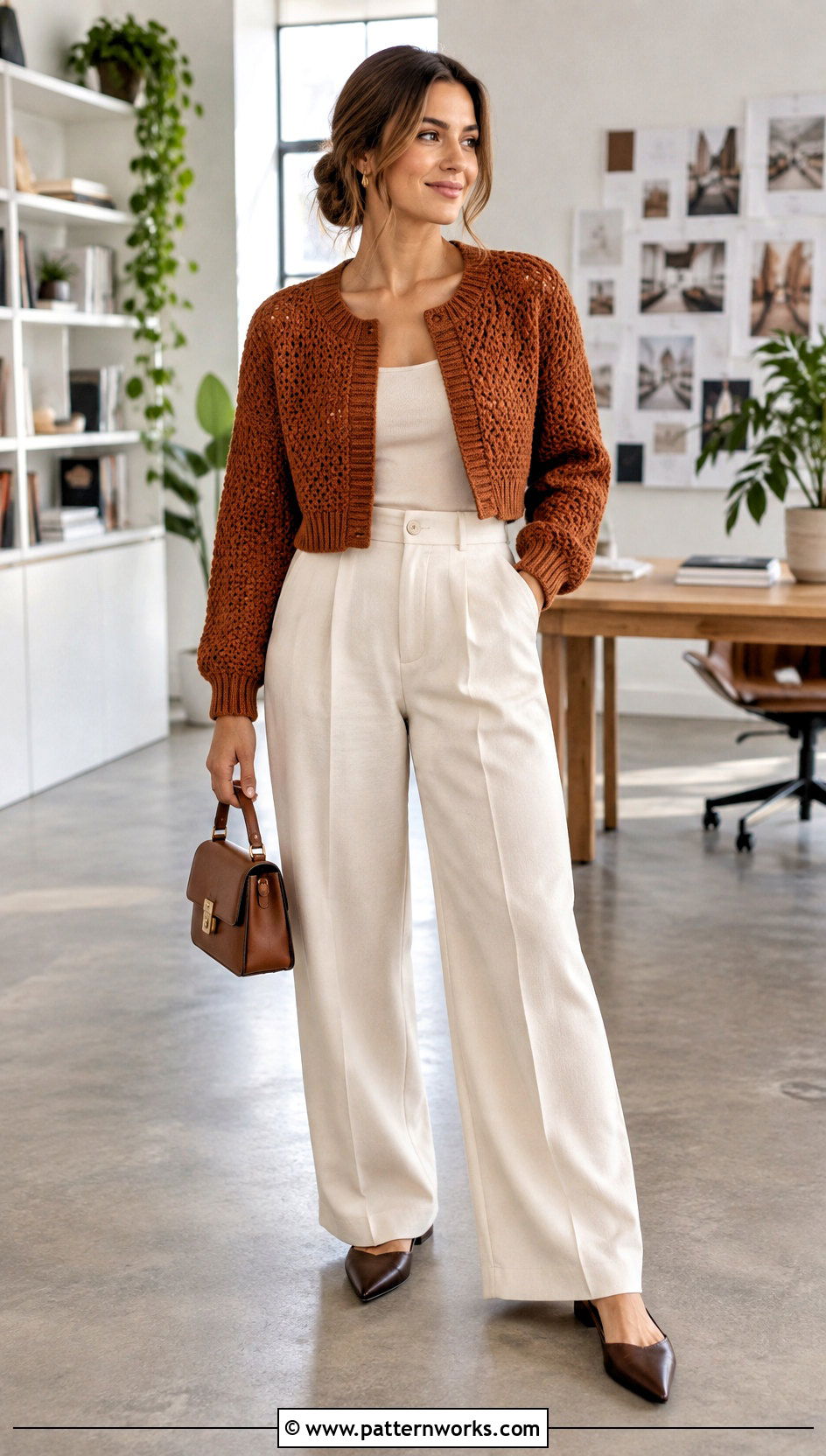 Cropped Tunisian Crochet Sweater With Wide Leg Trousers - 30 tunisian crochet sweater outfit ideas