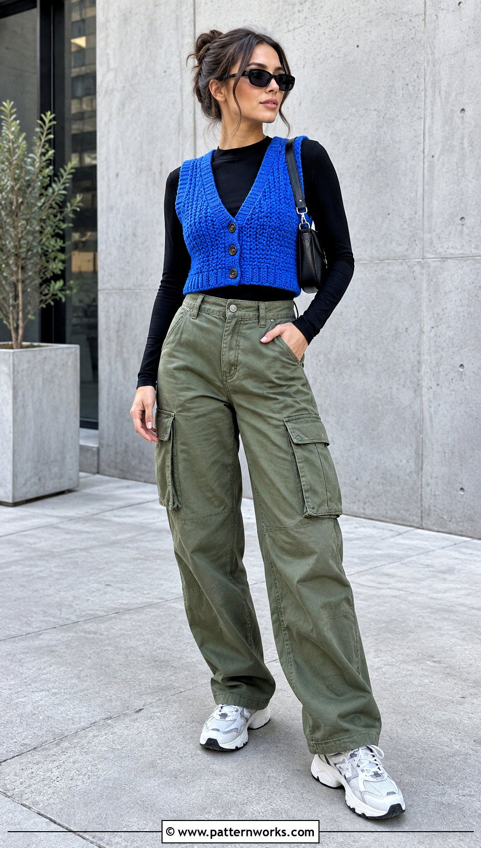 Cropped Tunisian Crochet Vest With Cargo Pants - 24 Tunisian Crochet Vest outfit ideas