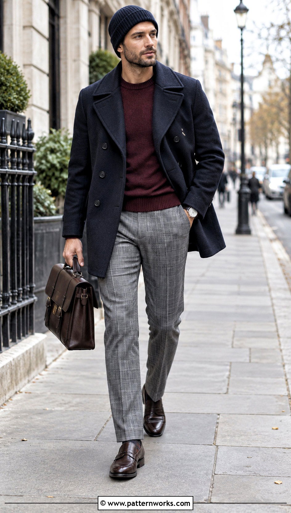 Cuffed Crochet Beanie Outfit With Peacoat And Plaid Trousers - 24 Fast Crochet Beanie outfit ideas