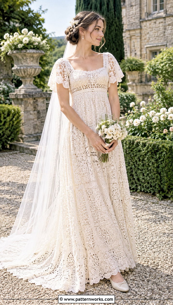 DIY Crochet Empire Waist Wedding Dress With Ballet Flats - 30 diy crochet wedding dress outfit ideas