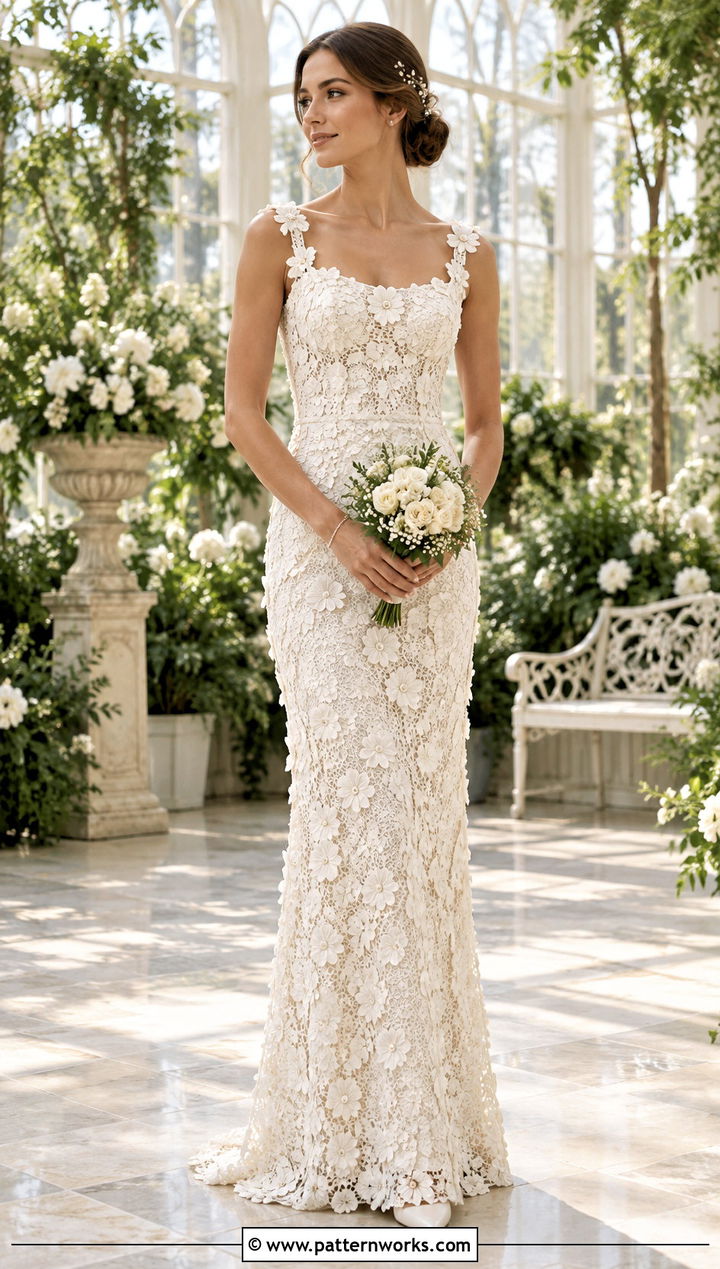 DIY Crochet Floral Motif Wedding Dress With Low Bun - 30 diy crochet wedding dress outfit ideas