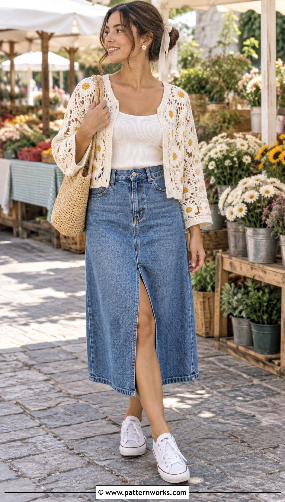 Daisy Crochet Cardigan Outfit With Denim Midi Skirt - 24 kawaii crochet cardigan outfit ideas