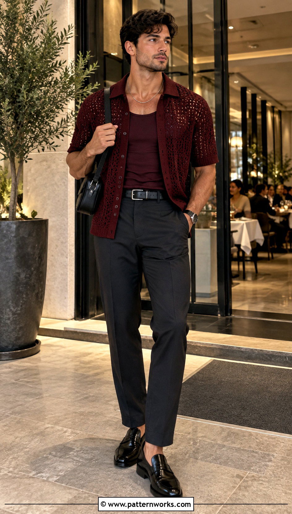Dark Crochet Shirt With Evening Trousers - 30 crochet male shirt outfit ideas