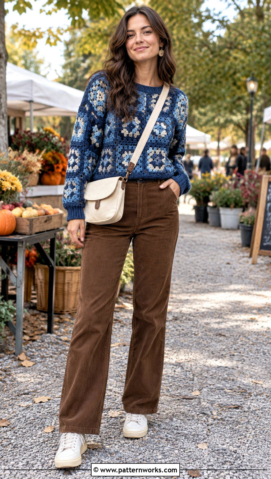 Denim Blue Crochet Sweater With Corduroy Pants - 30 blue crochet sweater outfit ideas