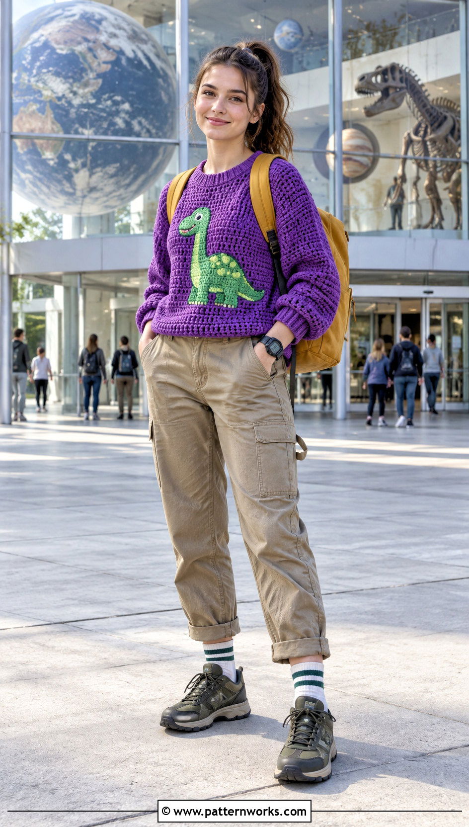 Dinosaur Crochet Mabel Pines Sweater With Khaki Pants - 30 crochet mabel pines sweater outfit ideas